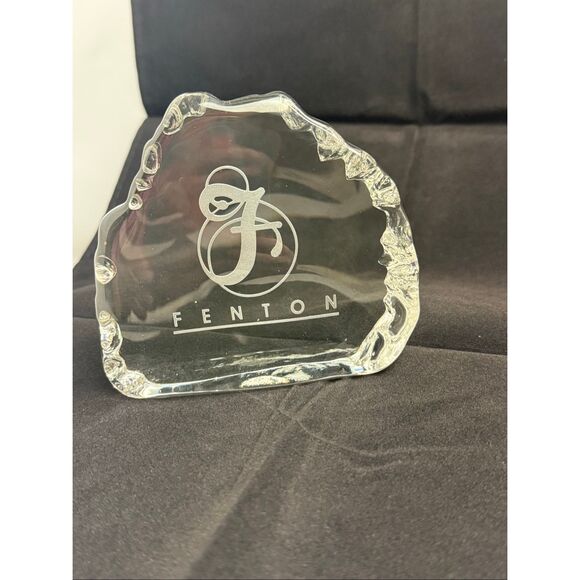 Fenton Clear Glass Logo Paperweight / Dealer Display Plaque